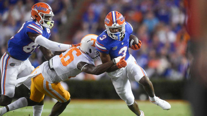 Florida wide receiver Xzavier Henderson (3) is tackled during the first quarter of an NCAA football game against Florida at Ben Hill Griffin Stadium in Gainesville, Florida on Saturday, Sept. 25, 2021.Tennflorida0925 1185