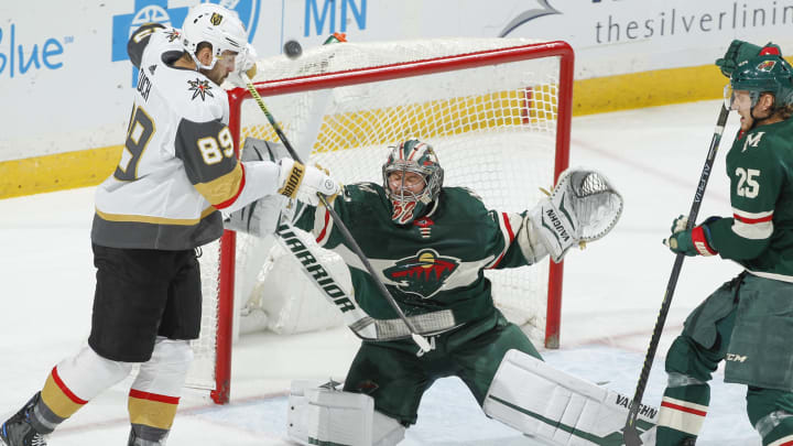 SAINT PAUL, MN – FEBRUARY 11: Alex Stalock #32 of the Minnesota Wild makes a save against Alex Tuch #89 of the Vegas Golden Knights during the game at the Xcel Energy Center on February 11, 2019 in Saint Paul, Minnesota. (Photo by Bruce Kluckhohn/NHLI via Getty Images)