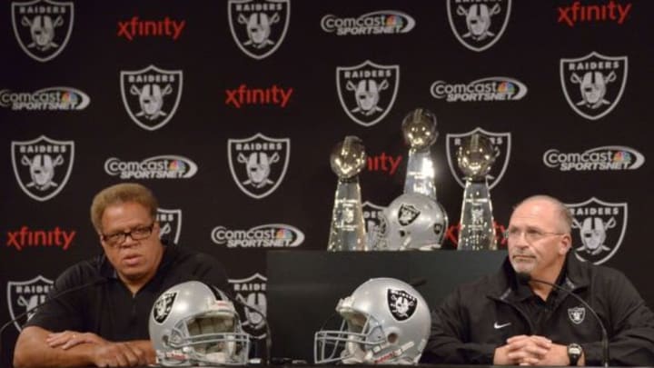 Sep 30, 2014; Alameda, CA, USA; Oakland Raiders general manager Reggie McKenzie (left) and Tony Sparano (right) at press conference to introduce Sparano as Raiders interim coach at the Raiders practice facility. Mandatory Credit: Kirby Lee-USA TODAY Sports
