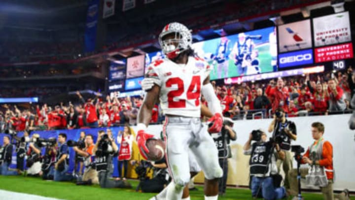 December 31, 2016; Glendale, AZ, USA; Ohio State Buckeyes safety Malik Hooker (24) celebrates after intercepting a pass against the Clemson Tigers during the first half of the the 2016 CFP semifinal at University of Phoenix Stadium. Mandatory Credit: Mark J. Rebilas-USA TODAY Sports