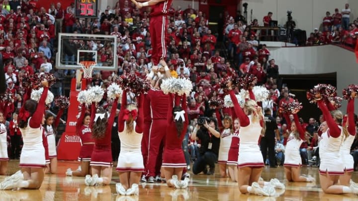 Feb 8, 2015; Bloomington, IN, USA; The Indiana Hoosiers cheerleaders cheers from the court during a time out against the Michigan Wolverines at Assembly Hall. The Hoosiers won 7-67. Mandatory Credit: Brian Spurlock-USA TODAY Sports