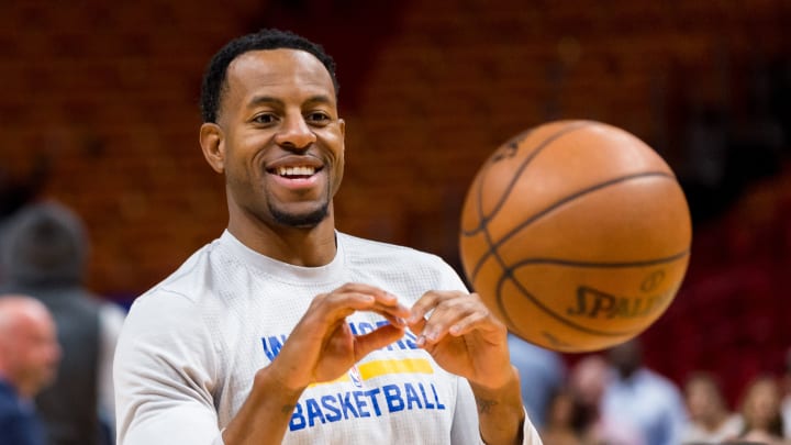 Jan 23, 2017; Miami, FL, USA; Golden State Warriors forward Andre Iguodala (9) warms up before a game against the Miami Heat at American Airlines Arena. Mandatory Credit: Steve Mitchell-USA TODAY Sports