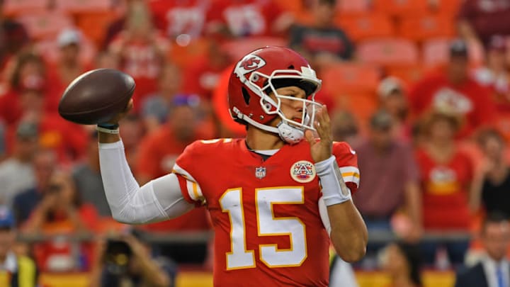 KANSAS CITY, MO - AUGUST 09: Quarterback Patrick Mahomes #15 of the Kansas City Chiefs drops back to pass during the first half against the Houston Texans at Arrowhead Stadium on August 9, 2018 in Kansas City, Missouri. (Photo by Peter G. Aiken/Getty Images)