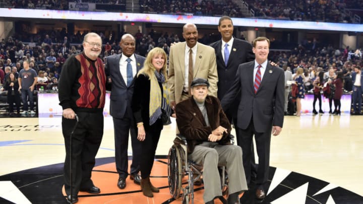 Former Cleveland Cavaliers play-by-play announcer Joe Tait (far left) is pictured alongside other Wine and Gold legends before a game to commemorate the Cavs 50th anniversary season. (Photo by Jason Miller/Getty Images)