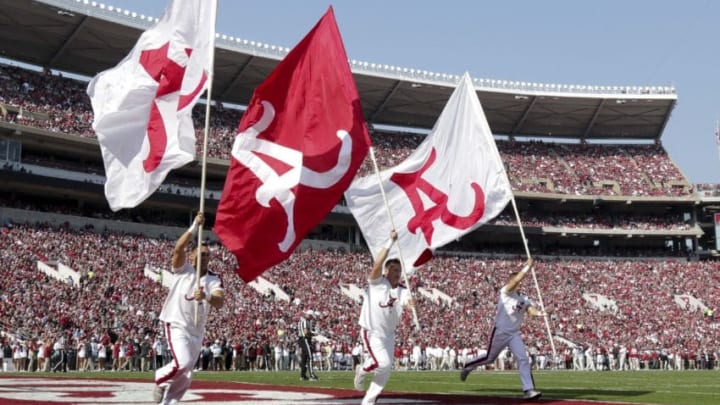 Nov 12, 2016; Tuscaloosa, AL, USA; Alabama Crimson Tide cheerleaders celebrate after scoring a touchdown against Mississippi State Bulldogs at Bryant-Denny Stadium. The Tide defeated the Bulldogs 51-3. Mandatory Credit: Marvin Gentry-USA TODAY Sports