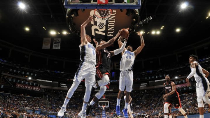 ORLANDO, FL - OCTOBER 7: Jordan Mickey #25 of the Miami Heat goes to the basket against the Orlando Magic during a preseason game on October 8, 2017 at Amway Center in Orlando, Florida. NOTE TO USER: User expressly acknowledges and agrees that, by downloading and or using this photograph, User is consenting to the terms and conditions of the Getty Images License Agreement. Mandatory Copyright Notice: Copyright 2017 NBAE (Photo by Fernando Medina/NBAE via Getty Images)