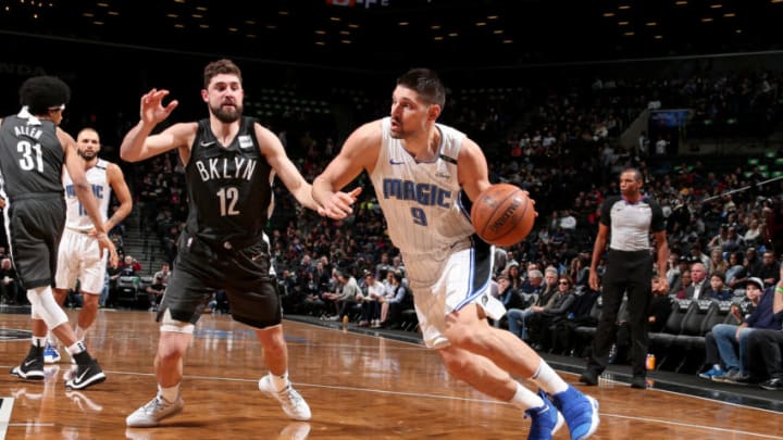 BROOKLYN, NY - JANUARY 23: Nikola Vucevic #9 of the Orlando Magic drives to the basket during the game against the Brooklyn Nets on January 23, 2019 at Barclays Center in Brooklyn, New York. NOTE TO USER: User expressly acknowledges and agrees that, by downloading and or using this Photograph, user is consenting to the terms and conditions of the Getty Images License Agreement. Mandatory Copyright Notice: Copyright 2019 NBAE (Photo by Ned Dishman/NBAE via Getty Images)