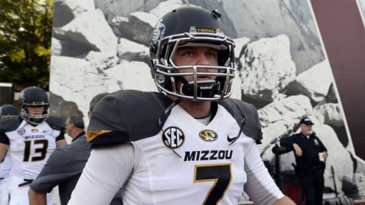 Sep 21, 2013; Bloomington, IN, USA; Missouri Tigers quarterback Maty Mauk (7) takes the field before the game against the Indiana Hoosiers at Memorial Stadium. Mandatory Credit: Mike DiNovo-USA TODAY Sports
