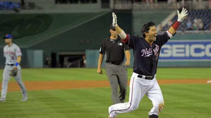 WASHINGTON, DC - SEPTEMBER 3: Washington Nationals catcher Kurt Suzuki (28) heads home after hitting a walk off 3 run game winning homer during the Washington Nationals defat of the New York Mets 11-10 in the bottom of the 9th inning at Nationals Stadium in Washington, DC on September 3, 2019 . (Photo by John McDonnell/The Washington Post via Getty Images)