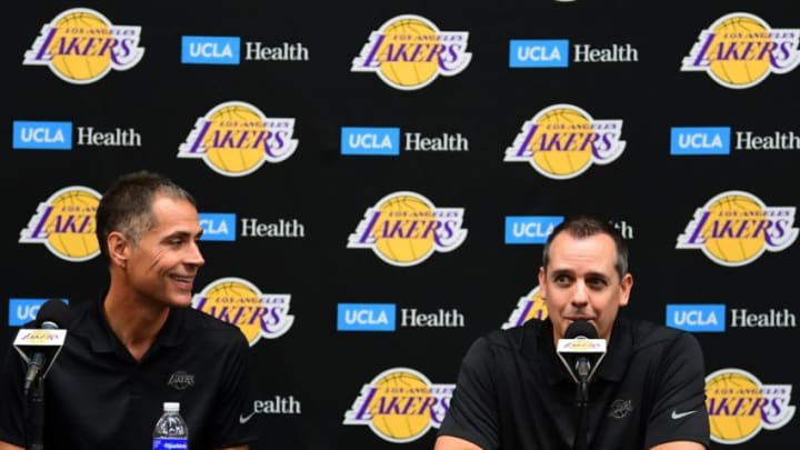 Lakers coach Frank Vogel (R) speaks as General Manager Rob Pelinka looks on during the Los Angeles Lakers media day in El Segundo, California on September 27, 2019. (Photo by FREDERIC J. BROWN / AFP) (Photo credit should read FREDERIC J. BROWN/AFP via Getty Images)