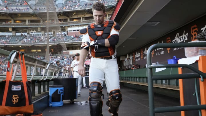 SAN FRANCISCO, CALIFORNIA - AUGUST 16: Buster Posey #28 of the San Francisco Giants prepares for the game against the New York Mets at Oracle Park on August 16, 2021 in San Francisco, California. (Photo by Thearon W. Henderson/Getty Images)