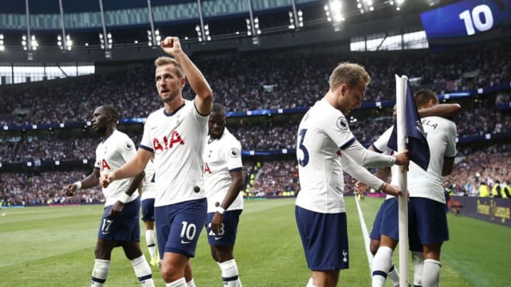 LONDON, ENGLAND - AUGUST 10: Harry Kane of Spurs celebrates his first goal during the Premier League match between Tottenham Hotspur and Aston Villa at Tottenham Hotspur Stadium on August 10, 2019 in London, United Kingdom. (Photo by Julian Finney/Getty Images)
