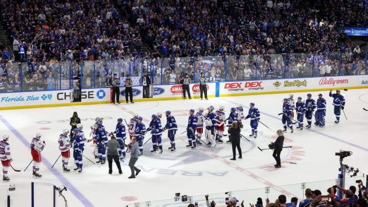 Tampa Bay Lightning shakes hands with New York Rangers after Eastern Conference Final of the 2022 Stanley Cup Playoffs Credit: Nathan Ray Seebeck-USA TODAY Sports
