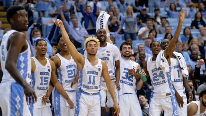 CHAPEL HILL, NC - DECEMBER 03: The North Carolina Tar Heels bench reacts as Shea Rush