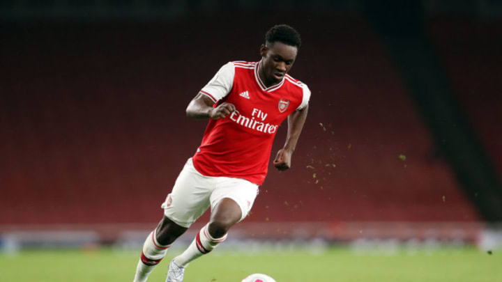 LONDON, ENGLAND - FEBRUARY 28: Folarin Balogun on Arsenal runs with the ball during the Premier League 2 match between Arsenal U23 and Manchester City U23 at Emirates Stadium on February 28, 2020 in London, England. (Photo by Linnea Rheborg/Getty Images)