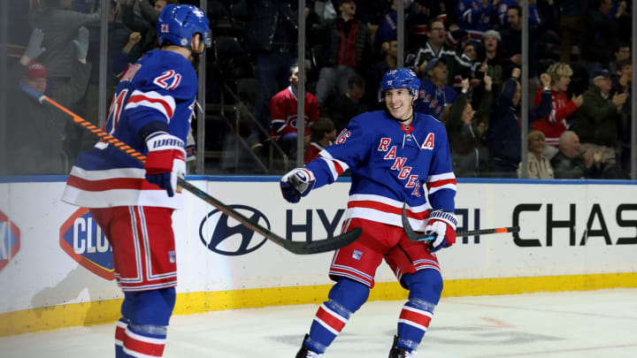 Apr 27, 2022; New York, New York, USA; New York Rangers center Ryan Strome (16) celebrates his goal against the Montreal Canadiens with center Barclay Goodrow (21) during the third period at Madison Square Garden. Mandatory Credit: Brad Penner-USA TODAY Sports