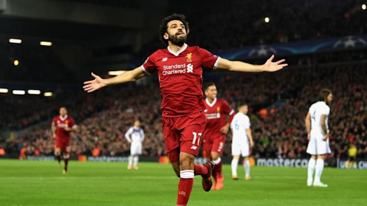 LIVERPOOL, ENGLAND - NOVEMBER 01: Mohamed Salah of Liverpool celebrates scoring his sides first goal during the UEFA Champions League group E match between Liverpool FC and NK Maribor at Anfield on November 1, 2017 in Liverpool, United Kingdom. (Photo by Michael Regan/Getty Images)
