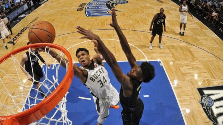 ORLANDO, FL - JANUARY 19: Giannis Antetokounmpo #34 of the Milwaukee Bucks drives to the basket during the game against Jonathan Isaac #1 of the Orlando Magic on January 19, 2019 at Amway Center in Orlando, Florida. NOTE TO USER: User expressly acknowledges and agrees that, by downloading and or using this photograph, User is consenting to the terms and conditions of the Getty Images License Agreement. Mandatory Copyright Notice: Copyright 2019 NBAE (Photo by Fernando Medina/NBAE via Getty Images)