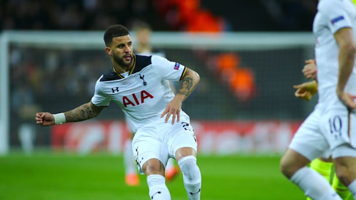 February 23rd 2017, Wembley Stadium, London, England; UEFA Europa League football, 2nd leg, Tottenham Hotspur versus KAA Gent; Kyle Walker of Tottenham crosses into the KAA Gent area (Photo by Mark Kerton/Action Plus via Getty Images)