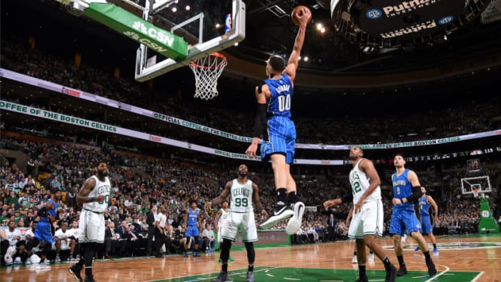 BOSTON, MA - March 31:Aaron Gordon #00 of the Orlando Magic goes up for a dunk against the Boston Celtics on March 31, 2017 at the TD Garden in Boston, Massachusetts. NOTE TO USER: User expressly acknowledges and agrees that, by downloading and or using this photograph, User is consenting to the terms and conditions of the Getty Images License Agreement. Mandatory Copyright Notice: Copyright 2017 NBAE (Photo by Brian Babineau/NBAE via Getty Images)