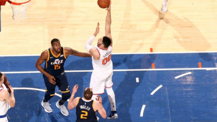 NEW YORK, NY – NOVEMBER 15: Enes Kanter #00 of the New York Knicks shoots the ball during the game Utah Jazz on November 15, 2017 at Madison Square Garden in New York City, New York. NOTE TO USER: User expressly acknowledges and agrees that, by downloading and or using this photograph, User is consenting to the terms and conditions of the Getty Images License Agreement. Mandatory Copyright Notice: Copyright 2017 NBAE (Photo by Nathaniel S. Butler/NBAE via Getty Images)