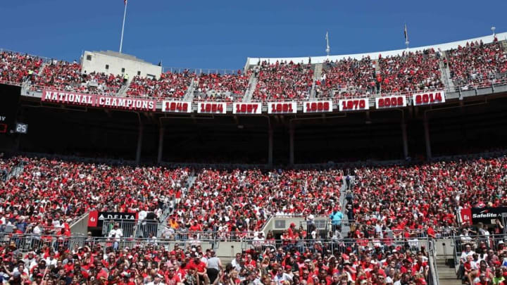 Apr 16, 2016; Columbus, OH, USA; A general view of Ohio State fans in the stands during the Ohio State Spring Game at Ohio Stadium. Mandatory Credit: Aaron Doster-USA TODAY Sports