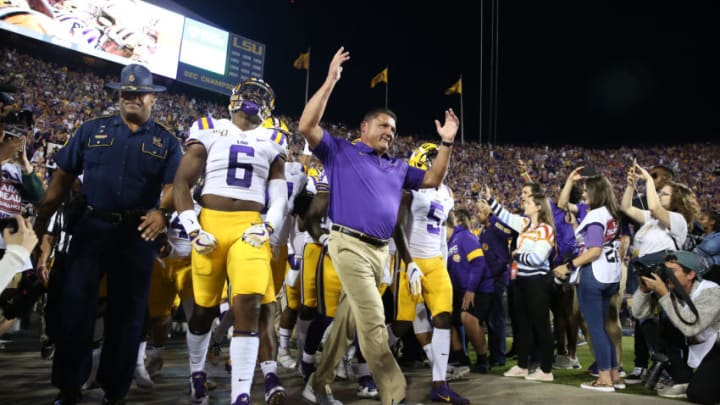 BATON ROUGE, LOUISIANA - OCTOBER 12: Head coach Ed Orgeron of the LSU Tigers walks onto the field during the first quarter against the Florida Gators at Tiger Stadium on October 12, 2019 in Baton Rouge, Louisiana. (Photo by Marianna Massey/Getty Images)