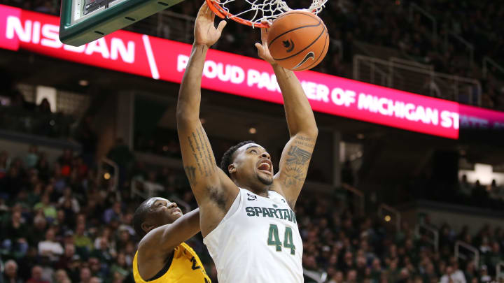 EAST LANSING, MI – DECEMBER 21: Nick Ward #44 of the Michigan State Spartans dunks the ball during the game against the Long Beach State 49ers at Breslin Center on December 21, 2017 in East Lansing, Michigan. (Photo by Rey Del Rio/Getty Images)