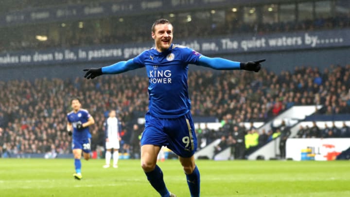 WEST BROMWICH, ENGLAND - MARCH 10: Jamie Vardy of Leicester City celebrates after scoring his sides first goal during the Premier League match between West Bromwich Albion and Leicester City at The Hawthorns on March 10, 2018 in West Bromwich, England. (Photo by Michael Steele/Getty Images)