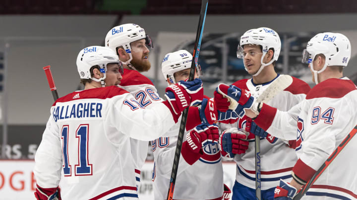 VANCOUVER, BC – MARCH 08: Jeff Petry #26 of the Montreal Canadiens celebrates with teammates Brendan Gallagher #11, Tomas Tatar #90, Jesperi Kotkaniemi #15 and Correy Perry #94 after scoring a goal against the Vancouver Canucks during the first period at Rogers Arena on March 8, 2021 in Vancouver, Canada. (Photo by Rich Lam/Getty Images)