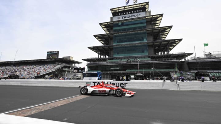 May 23, 2022; Indianapolis, Indiana, Chip Ganassi Racing driver Marcus Ericsson (8) crosses the line of bricks during practice after qualifying for the 106th Indianapolis 500 at the Indianapolis Motor Speedway. Mandatory Credit: Marc Lebryk-USA TODAY Sports