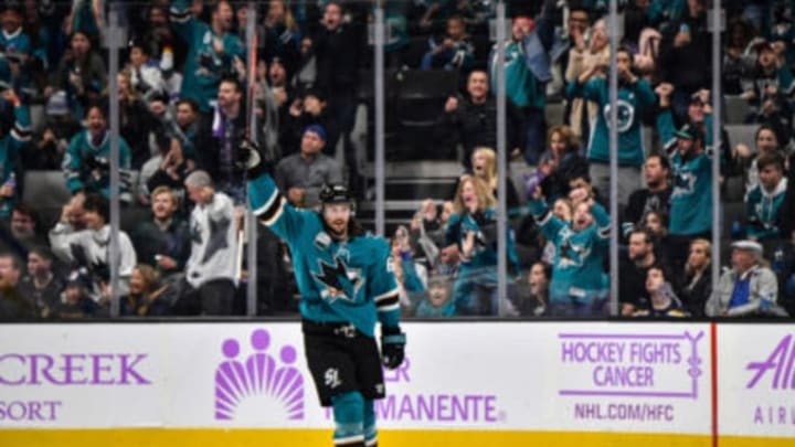 SAN JOSE, CA – NOVEMBER 17: Erik Karlsson #65 of the San Jose Sharks celebrates scoring a goal against the St Louis Blues at SAP Center on November 17, 2018 in San Jose, California (Photo by Brandon Magnus/NHLI via Getty Images)