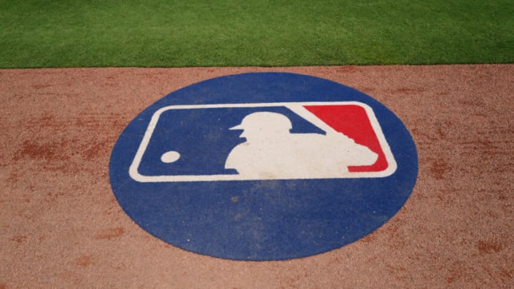 CLEARWATER, FLORIDA - MARCH 19: A general view of the MLB logo on a batting circle prior to the Spring Training game between the Philadelphia Phillies and Toronto Blue Jays at BayCare Ballpark on March 19, 2022 in Clearwater, Florida. (Photo by Mark Brown/Getty Images)