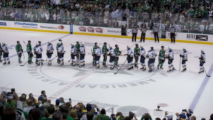 May 11, 2016; Dallas, TX, USA; The Dallas Stars and the St. Louis Blues line up for the ceremonial handshakes after game seven of the second round of the 2016 Stanley Cup Playoffs at American Airlines Center. The Blues won 6-1. Mandatory Credit: Jerome Miron-USA TODAY Sports