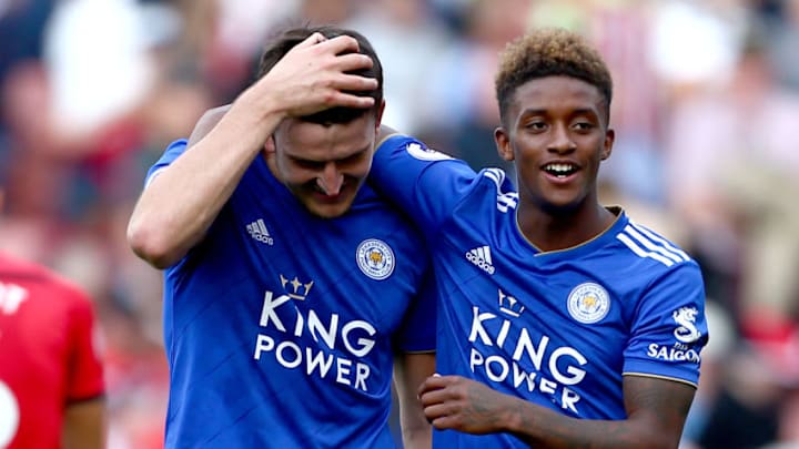 SOUTHAMPTON, ENGLAND - AUGUST 25: Harry Maguire of Leicester City celebrates with teammates after scoring his sides second goal during the Premier League match between Southampton FC and Leicester City at St Mary's Stadium on August 25, 2018 in Southampton, United Kingdom. (Photo by Jordan Mansfield/Getty Images)