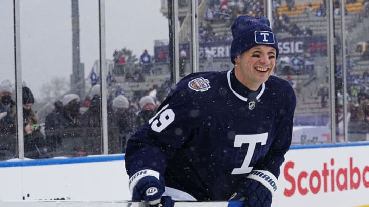 Mar 13, 2022; Hamilton, Ontario, CAN; Toronto Maple Leafs forward Jason Spezza (19) warms up against the Buffalo Sabres in the 2022 Heritage Classic ice hockey game at Tim Hortons Field. Mandatory Credit: John E. Sokolowski-USA TODAY Sports
