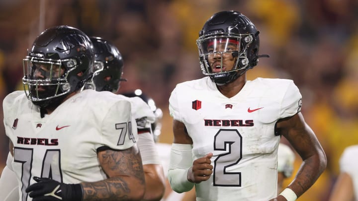 TEMPE, ARIZONA – SEPTEMBER 11: Quarterback Doug Brumfield #2 of the UNLV Rebels runs to the sidelines during the second half of the NCAAF game against the Arizona State Sun Devils at Sun Devil Stadium on September 11, 2021, in Tempe, Arizona. (Photo by Christian Petersen/Getty Images)