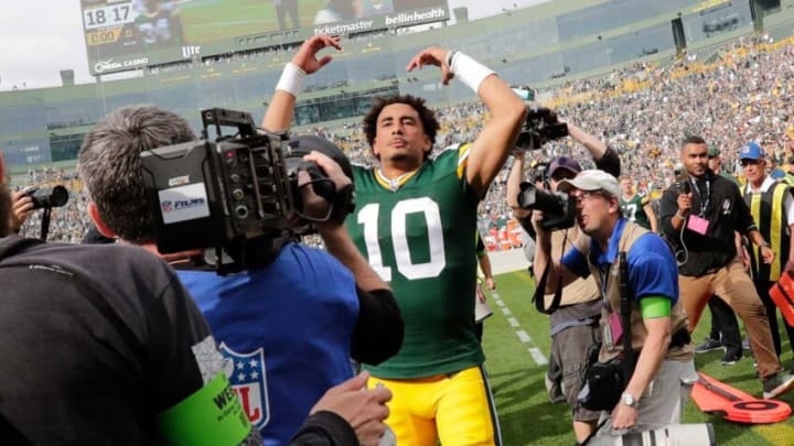 Green Bay Packers quarterback Jordan Love (10) celebrates defeating the New Orleans Saints during their football game Sunday, September 24, 2023, at Lambeau Field in Green Bay, Wis.