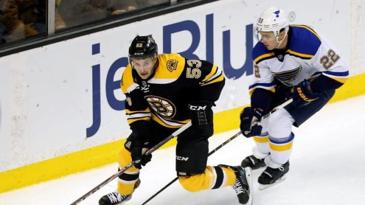 Nov 18, 2014; Boston, MA, USA; Boston Bruins center Seth Griffith (53) keeps the puck away from St. Louis Blues defenseman Kevin Shattenkirk (22) during the second period at TD Banknorth Garden. Mandatory Credit: Greg M. Cooper-USA TODAY Sports