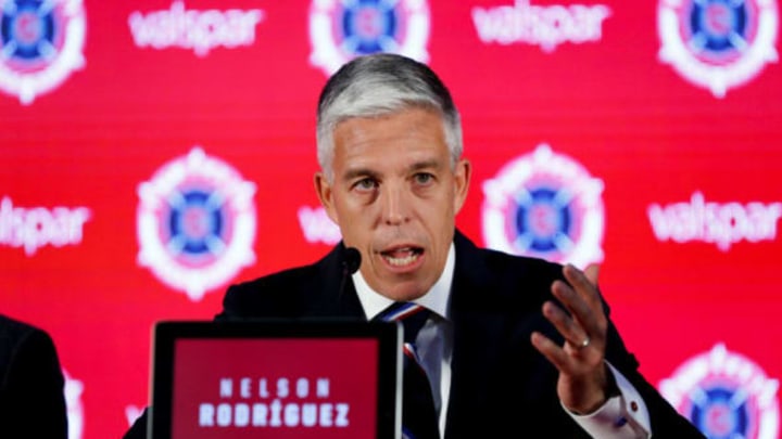 Nelson Rodriguez, general manager of US soccer club Chicago Fire, speaks during a press conference where German soccer player Bastian Schweinsteiger (not pictured) was introduced, in Chicago, Illinois, USA, 29 March 2017. Schweinsteiger has transferred to Chicago Fire from Manchester United. Photo: Ting Shen/dpa | usage worldwide (Photo by Ting Shen/picture alliance via Getty Images)