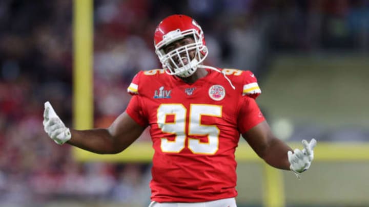 MIAMI, FLORIDA – FEBRUARY 02: Chris Jones #95 of the Kansas City Chiefs reacts against the San Francisco 49ers during the second quarter in Super Bowl LIV at Hard Rock Stadium on February 02, 2020 in Miami, Florida. (Photo by Rob Carr/Getty Images)