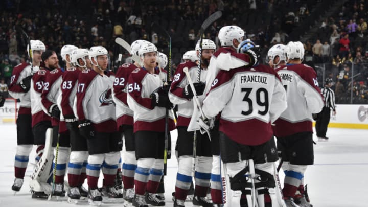 LAS VEGAS, NEVADA - DECEMBER 23: The Colorado Avalanche celebrate after defeating the Vegas Golden Knights at T-Mobile Arena on December 23, 2019 in Las Vegas, Nevada. (Photo by David Becker/NHLI via Getty Images)