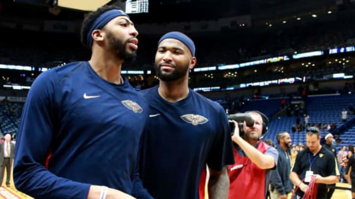 NEW ORLEANS, LA – NOVEMBER 22: Anthony Davis #23 of the New Orleans Pelicans and DeMarcus Cousins #0 of the New Orleans Pelicans react after their team defeated the San Antonio Spurs in NBA game at the Smoothie King Center on November 22, 2017 in New Orleans, Louisiana. NOTE TO USER: User expressly acknowledges and agrees that, by downloading and or using this photograph, User is consenting to the terms and conditions of the Getty Images License Agreement. (Photo by Sean Gardner/Getty Images)