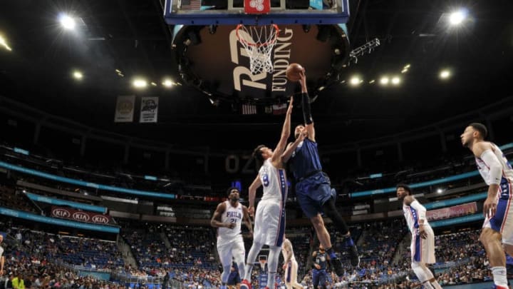 ORLANDO, FL - MARCH 22: Nikola Vucevic #9 of the Orlando Magic shoots the ball against the Philadelphia 76ers on March 22, 2018 at Amway Center in Orlando, Florida. NOTE TO USER: User expressly acknowledges and agrees that, by downloading and or using this photograph, User is consenting to the terms and conditions of the Getty Images License Agreement. Mandatory Copyright Notice: Copyright 2018 NBAE (Photo by Fernando Medina/NBAE via Getty Images)