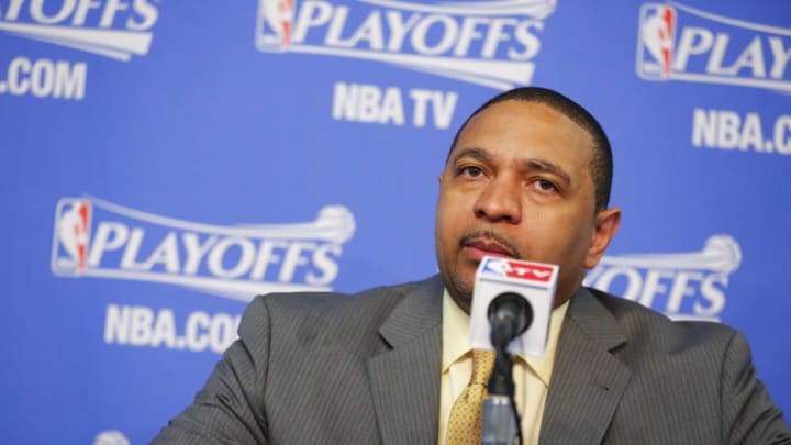 OAKLAND, CA - MAY 1: Head Coach Mark Jackson of the Golden State Warriors speaks to the media after defeating the Los Angeles Clippers in Game Six of the Western Conference Quarterfinals during the 2014 NBA Playoffs at Oracle Arena on May 1, 2014 in Oakland, California. Copyright 2014 NBAE (Photo by Rocky Widner/NBAE via Getty Images)