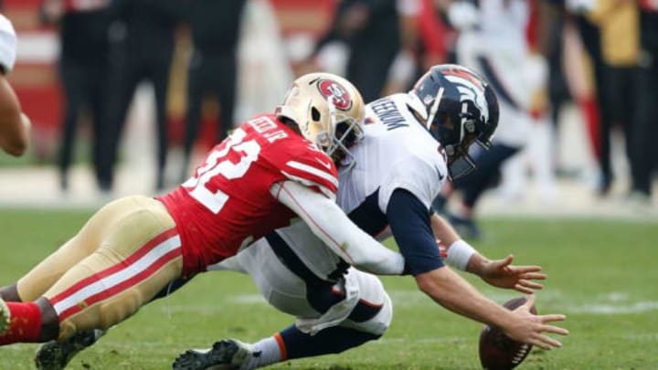 SANTA CLARA, CA – DECEMBER 09: Quarterback Case Keenum #4 of the Denver Broncos fumbles the ball while being sacked by D.J. Reed #32 of the San Francisco 49ers at Levi’s Stadium on December 9, 2018 in Santa Clara, California. (Photo by Lachlan Cunningham/Getty Images)