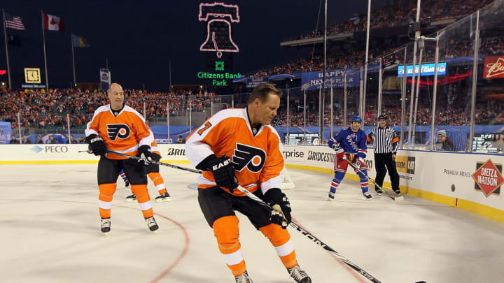 Bill Barber represents the Philadelphia Flyers during the 2012 Bridgestone NHL Winter Classic Alumni Game. (Photo by Jim McIsaac/Getty Images)