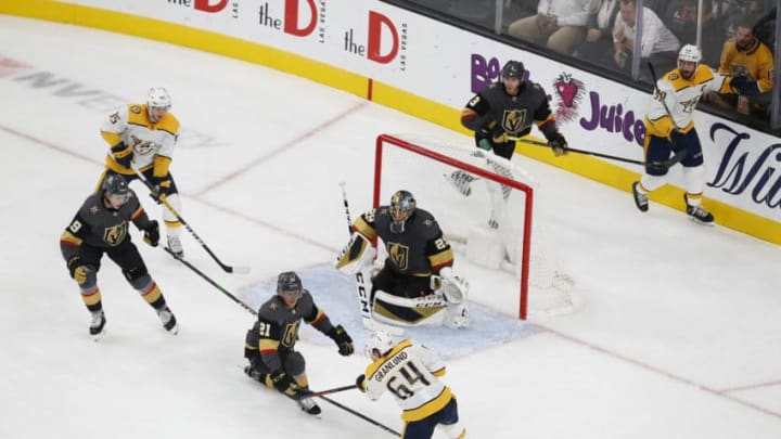 LAS VEGAS, NV - OCTOBER 15: Nashville Predators center Mikael Granlund (64) attempts a shot during the second period of a regular season game between the Nashville Predators and the Vegas Golden Knights Tuesday, Oct. 15, 2019, at T-Mobile Arena in Las Vegas, Nevada. (Photo by: Marc Sanchez/Icon Sportswire via Getty Images)