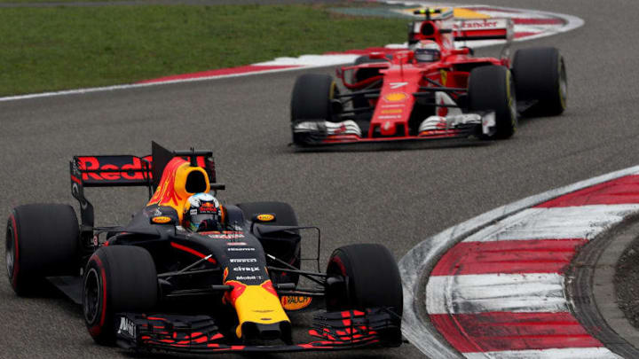 SHANGHAI, CHINA - APRIL 09: Daniel Ricciardo of Australia driving the (3) Red Bull Racing Red Bull-TAG Heuer RB13 TAG Heuer leads Kimi Raikkonen of Finland driving the (7) Scuderia Ferrari SF70H on track during the Formula One Grand Prix of China at Shanghai International Circuit on April 9, 2017 in Shanghai, China. (Photo by Lars Baron/Getty Images)