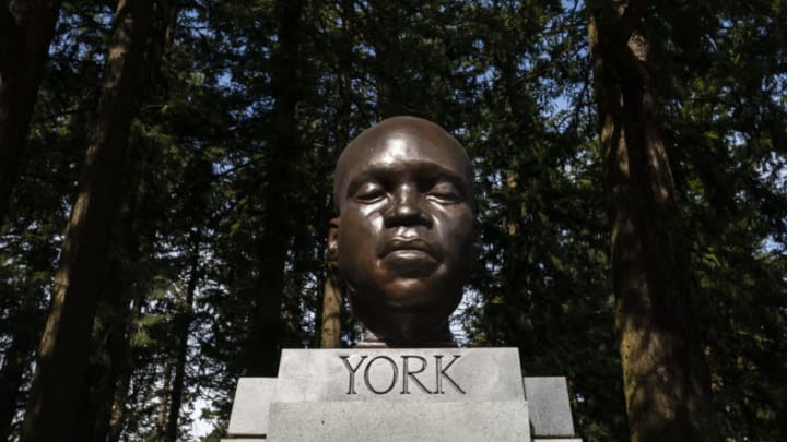 PORTLAND, OR - MARCH 01: A statue of York, the only Black member of the Lewis and Clark Corps of Discovery, stands in Mt. Tabor Park where it was mysteriously erected last week on March 1, 2021 in Portland, Oregon. The statue was mounted at the previous location of a memorial to Harvey Scott, a vocal conservative who fought against women's suffrage, which was torn down by activists during racial justice protests last year. (Photo by Nathan Howard/Getty Images)